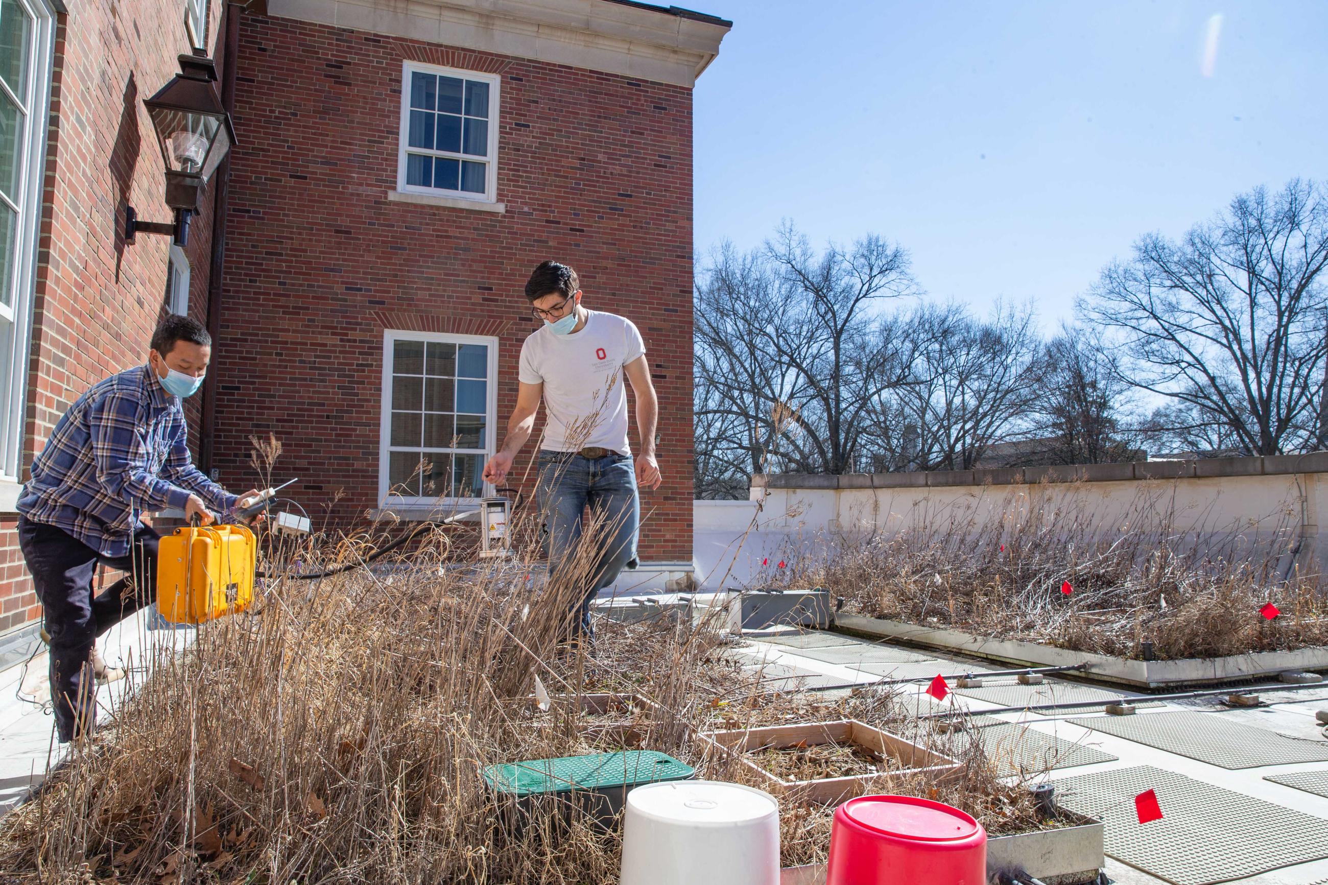 Researchers move a collection of instruments on the Schoonover green roof.