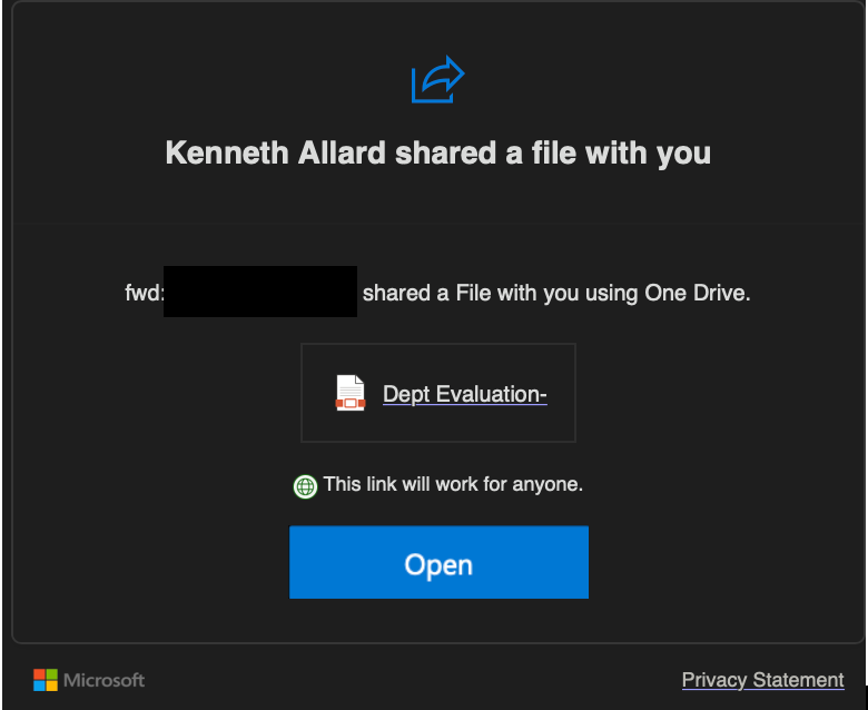 A phishing email claiming to be an OHIO University employee who shared a file with the user.