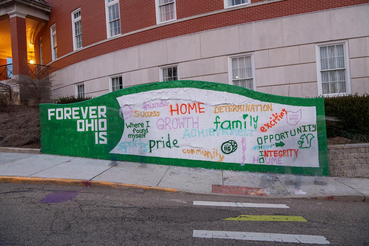 Graffiti wall at Ohio University with Forever OHIO branding