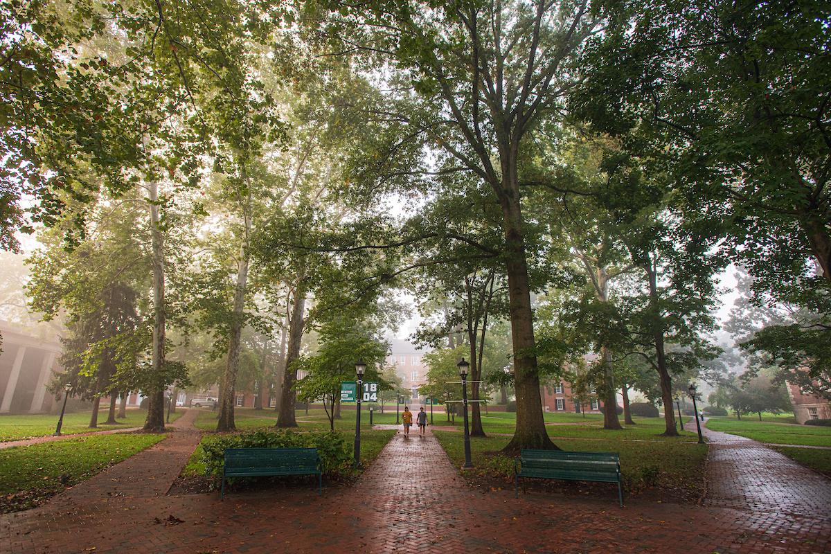 College Green on Ohio University's Athens campus, with fog in the background