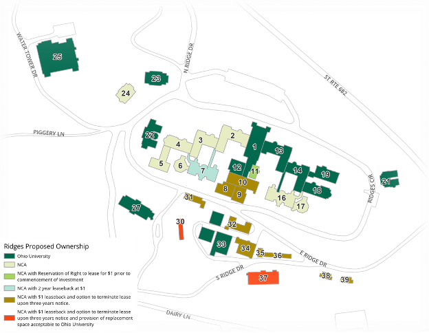 A map of The Ridges depicting historic buildings to be transferred outside Ohio University's ownership