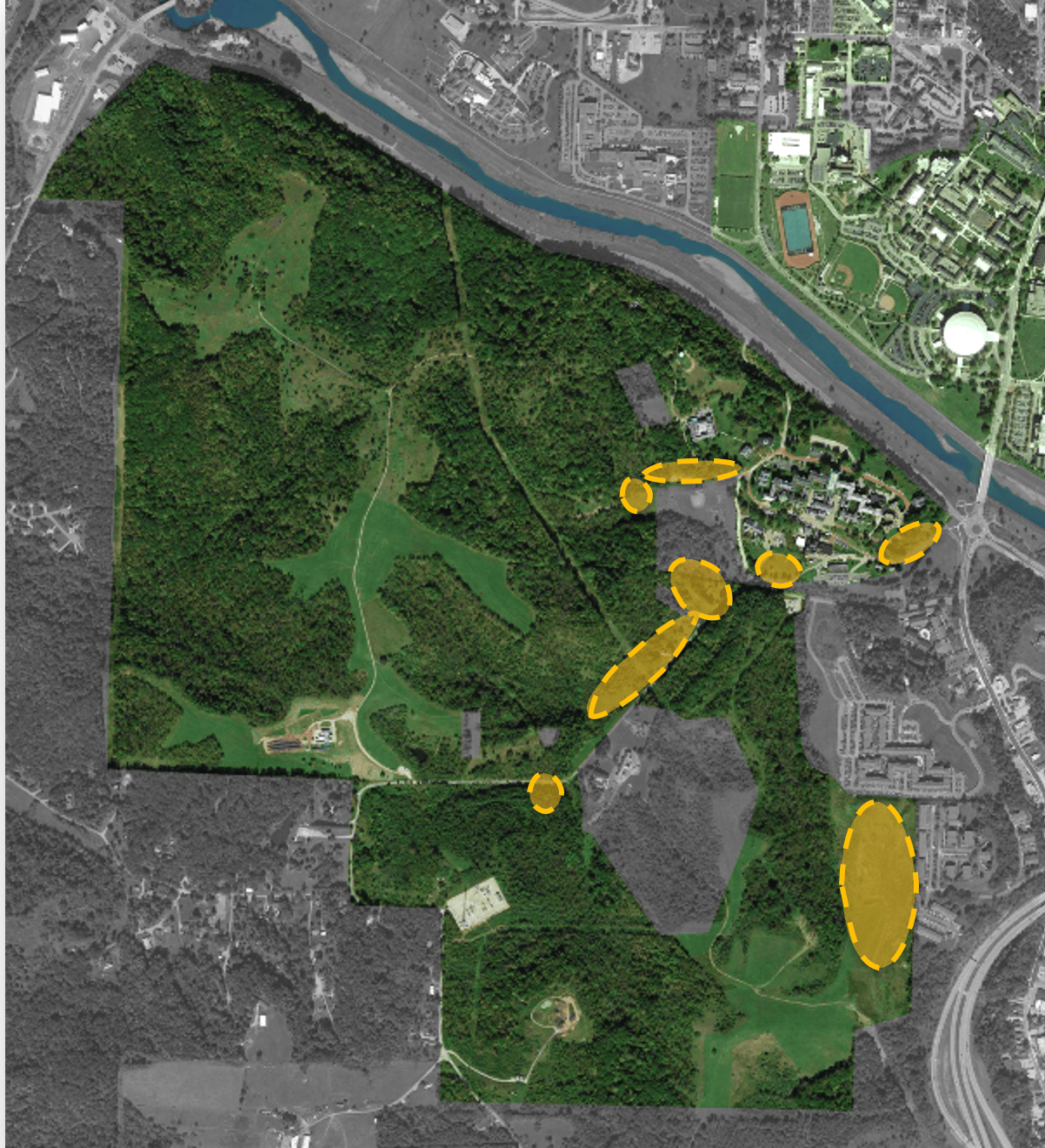 A map of the land at The Ridges shows areas that will be transferred outside Ohio University's ownership