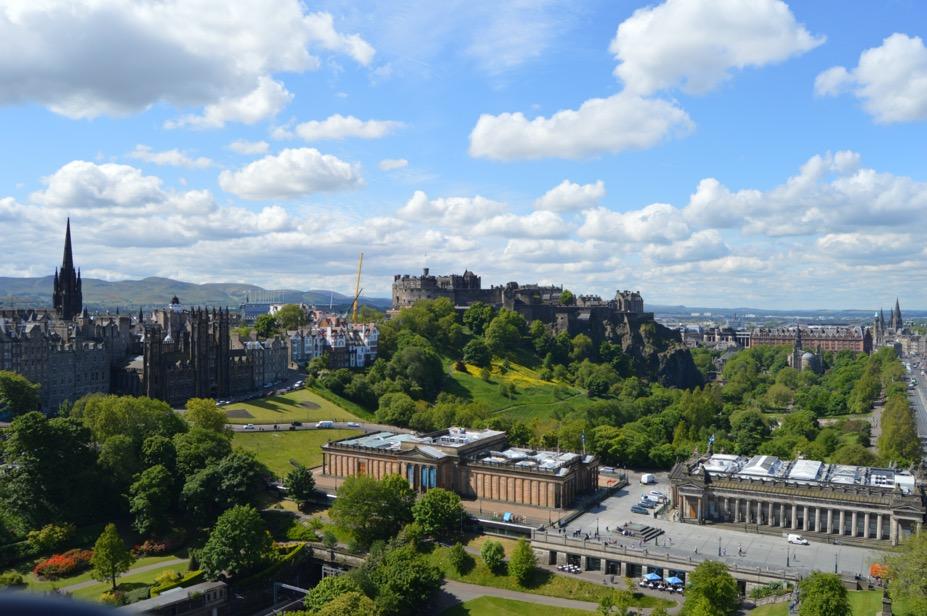 Overview of Edinburgh featuring church spire and castle