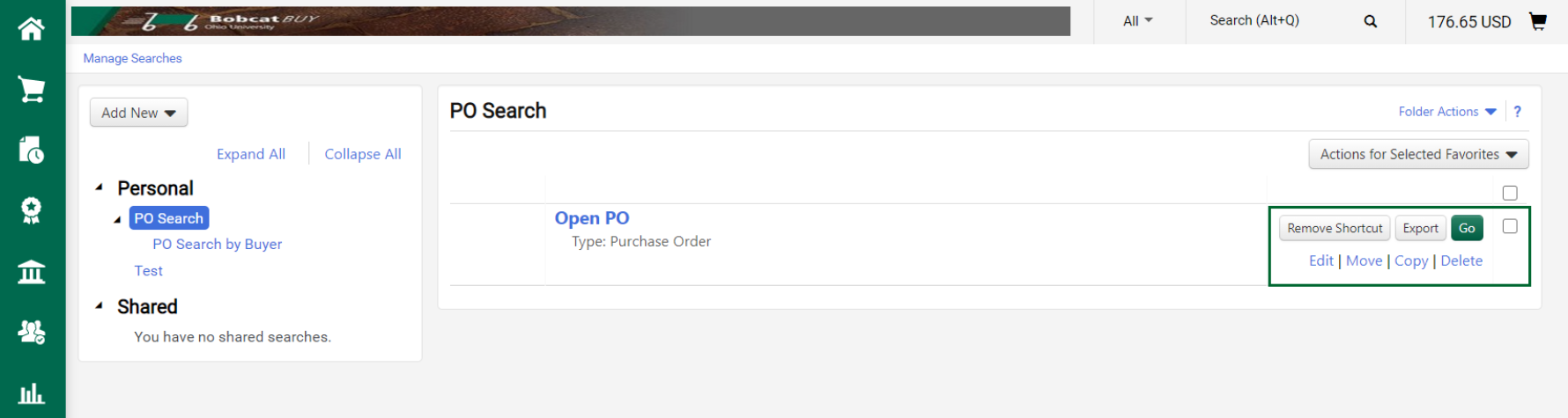 Manage Searches page