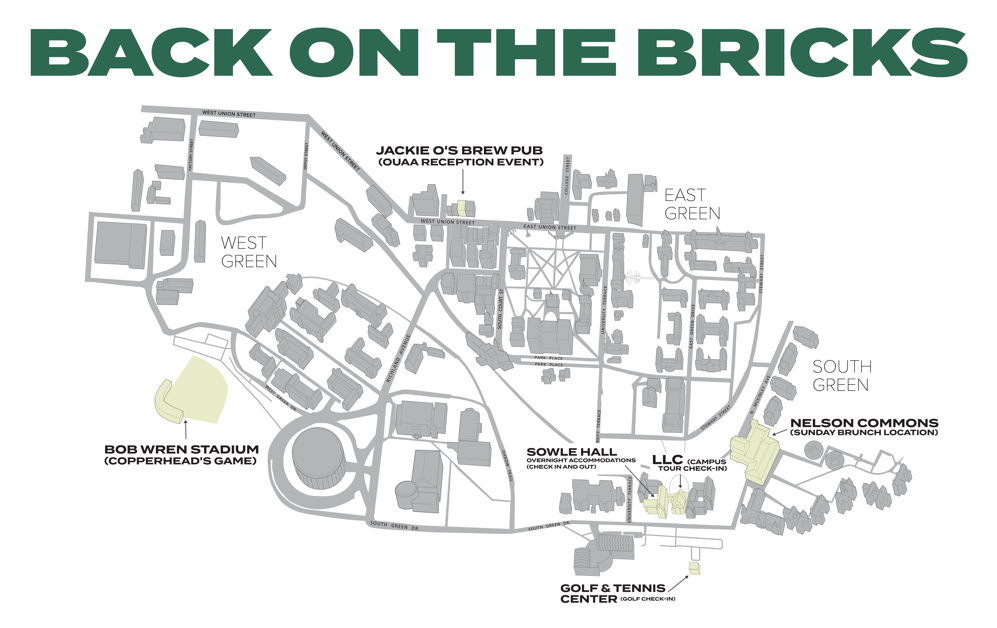 map of campus with certain halls labeled for where events are taking place