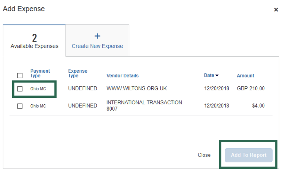 available expenses tab
