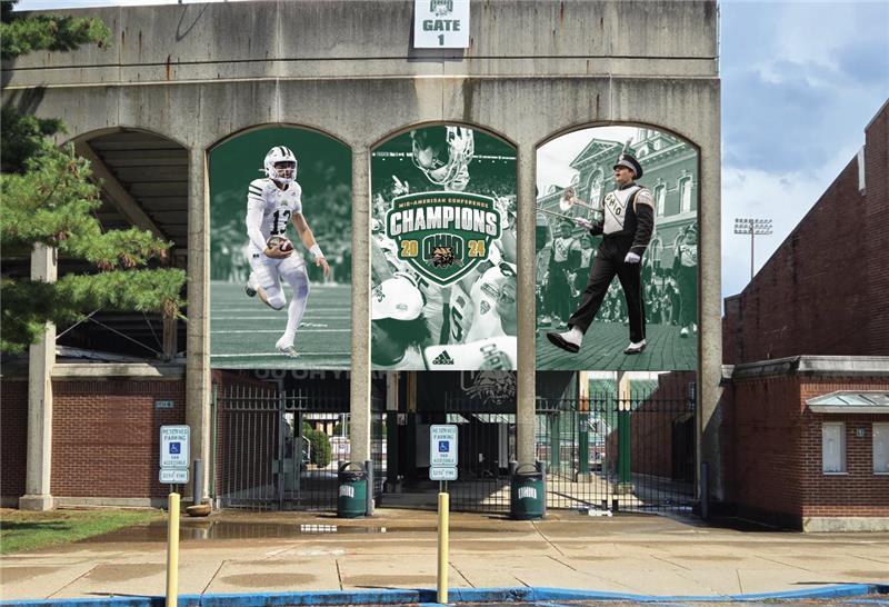 Mockup of environmental graphics commemorating the MAC Football championship on Peden Stadium exterior
