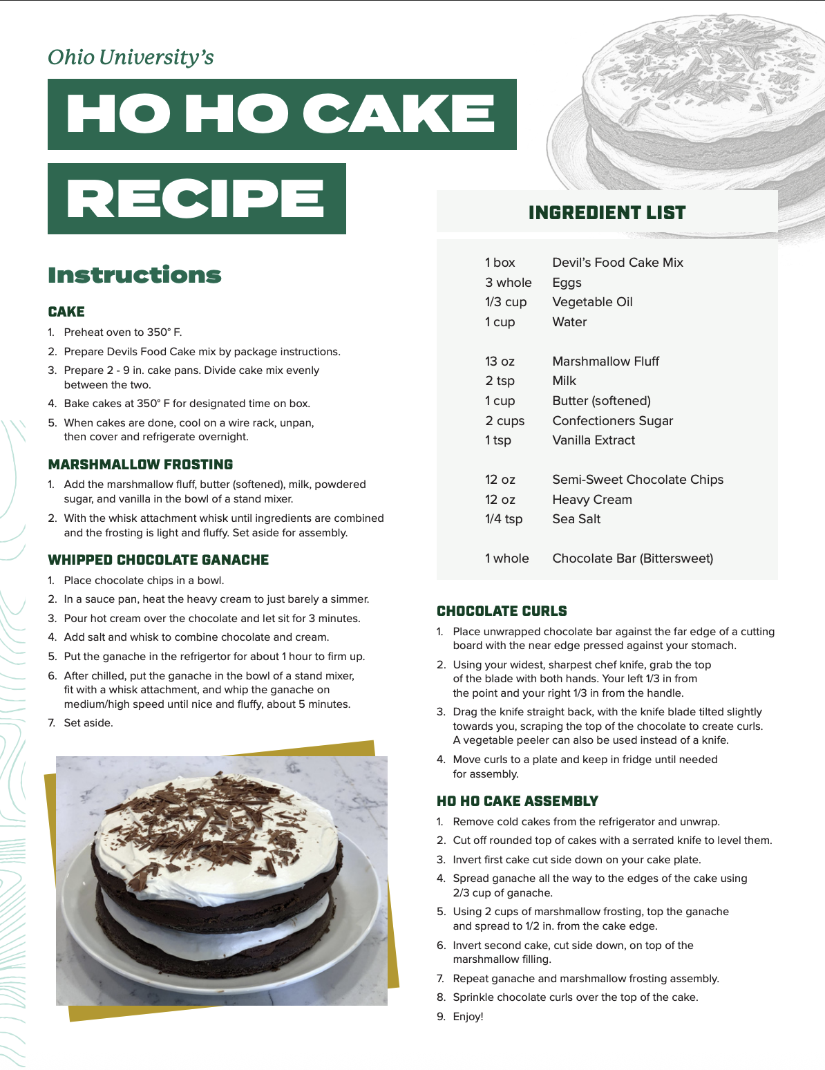 Printable page layout example of the Ohio University Ho Ho Cake Recipe document
