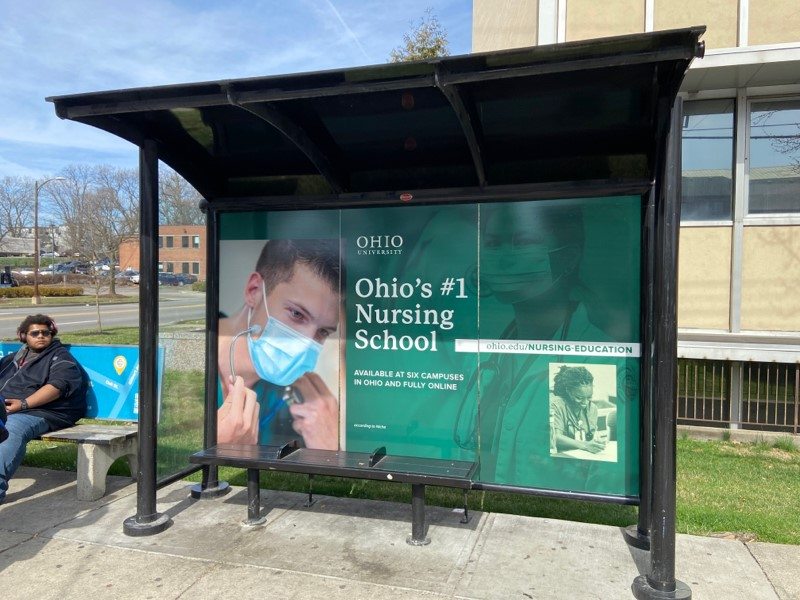 Advertisement in a bus stop - Ohio's #1 Nursing School, available at six campuses in Ohio and fully online
