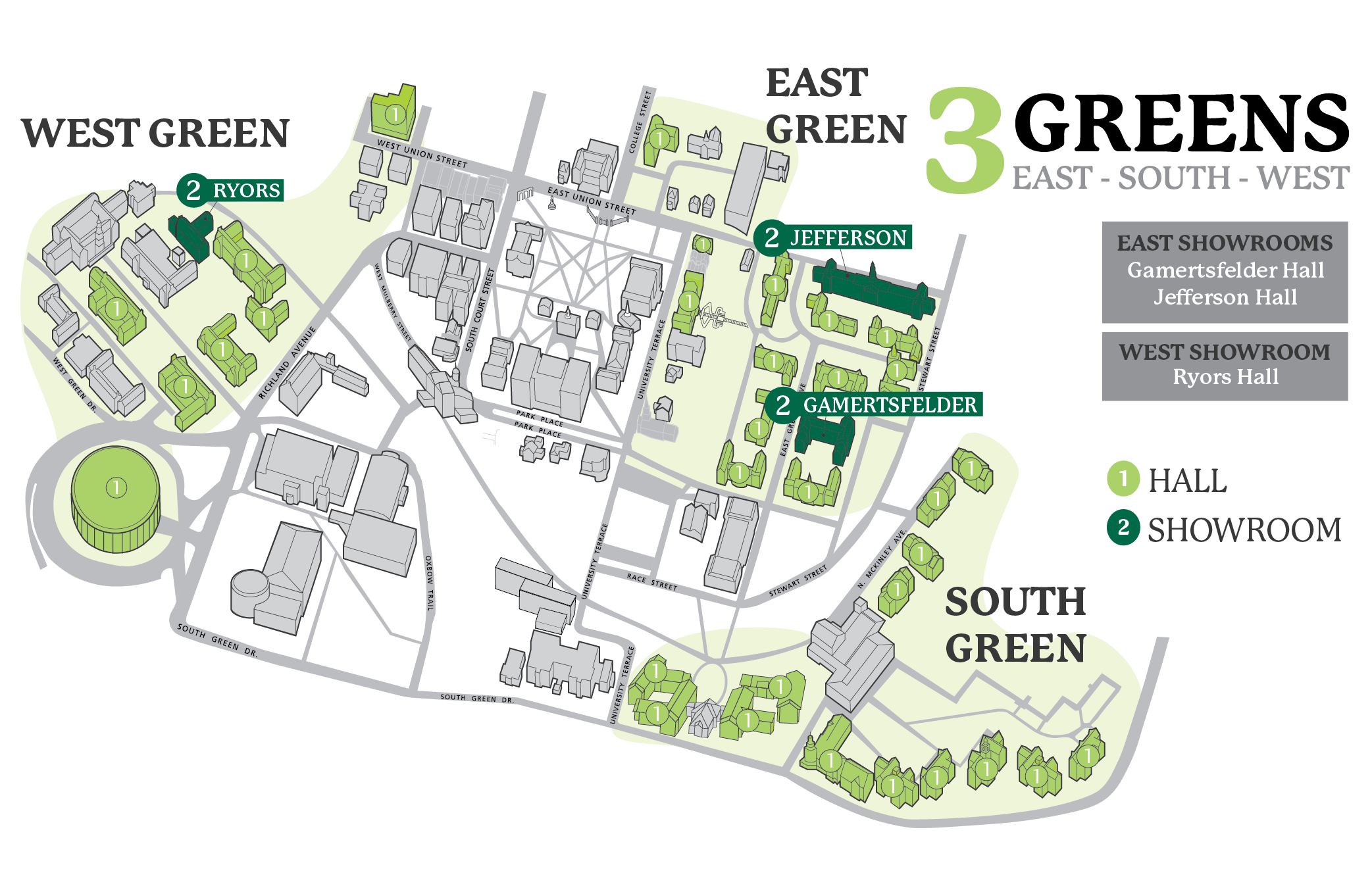 Jefferson, Ryors, and Gamertsfelder highlighted on a campus map