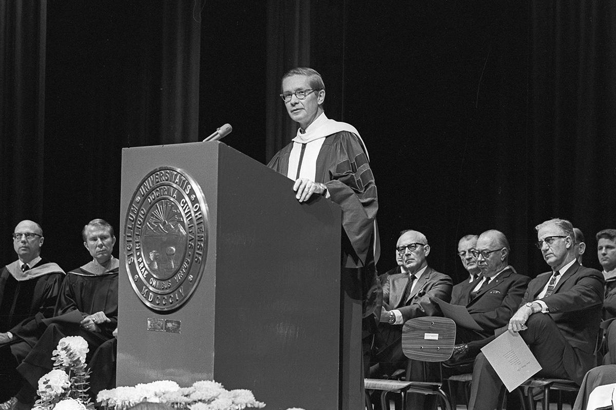 Ohio University Lancaster branch dedication, President Vernon Alden at podium, 1968