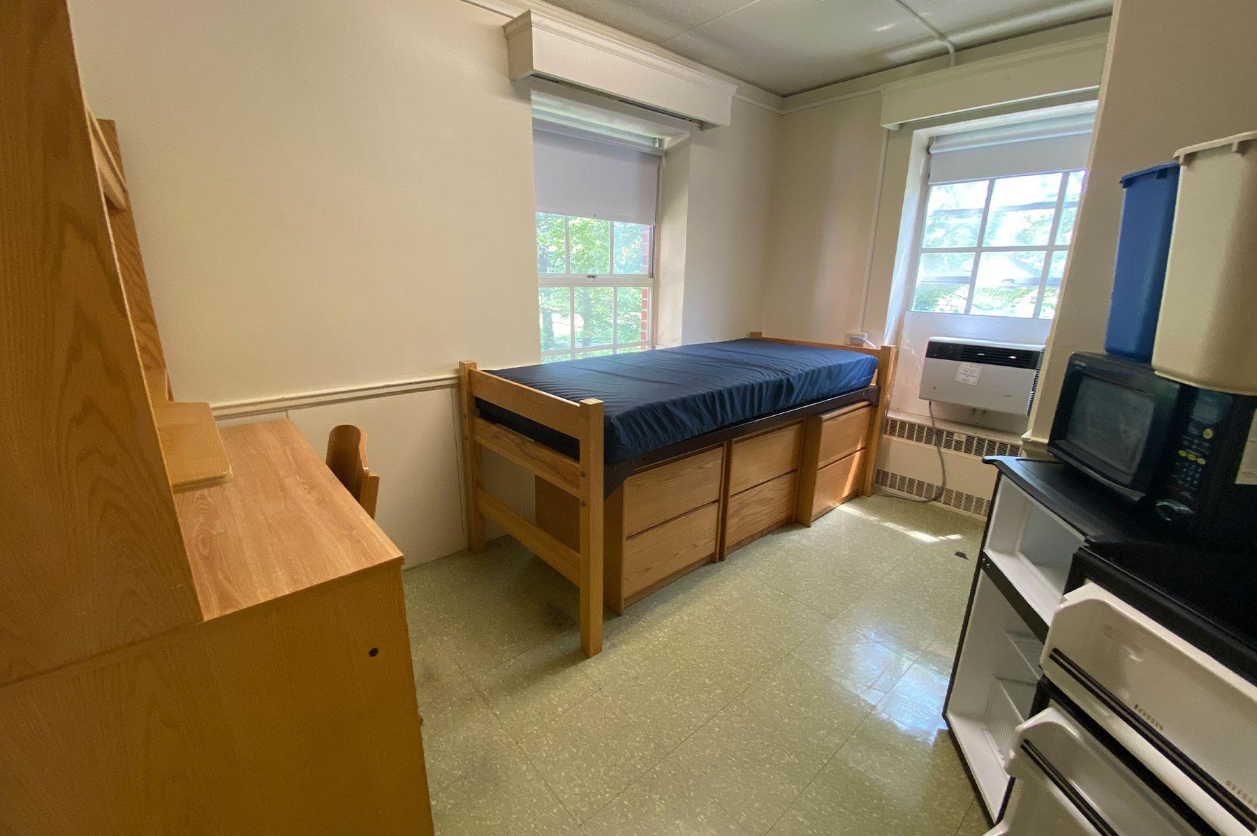 Example of a mod room single on South Green, with one bed, one dresser and storage cabinets