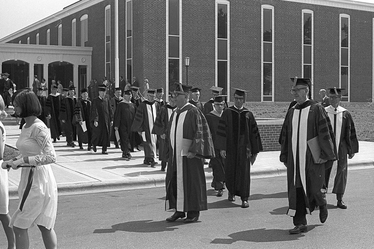 Ohio University Zanesville dedication procession exiting Elson Hall, 1968