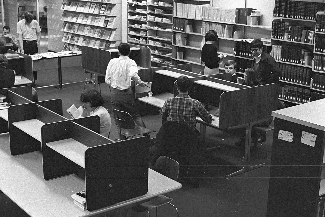 Ohio University Zanesville Campus Library study carrels, 1968.