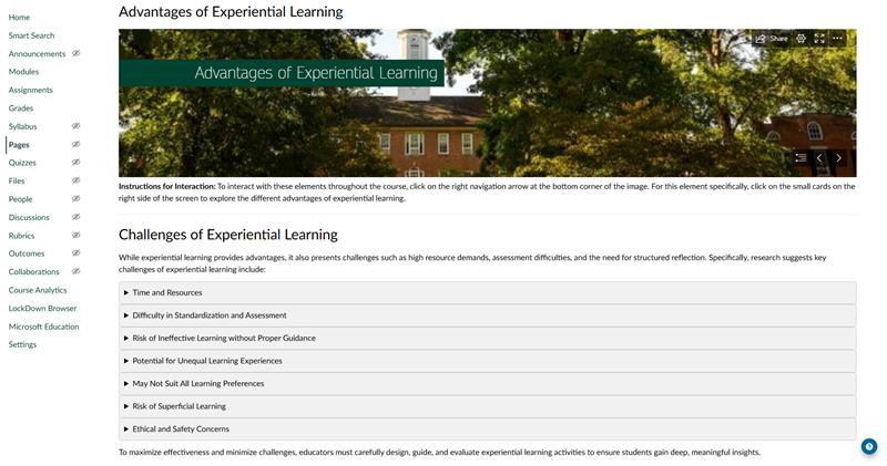 Screenshot of Experiential Learning Certificate course inside of Canvas.