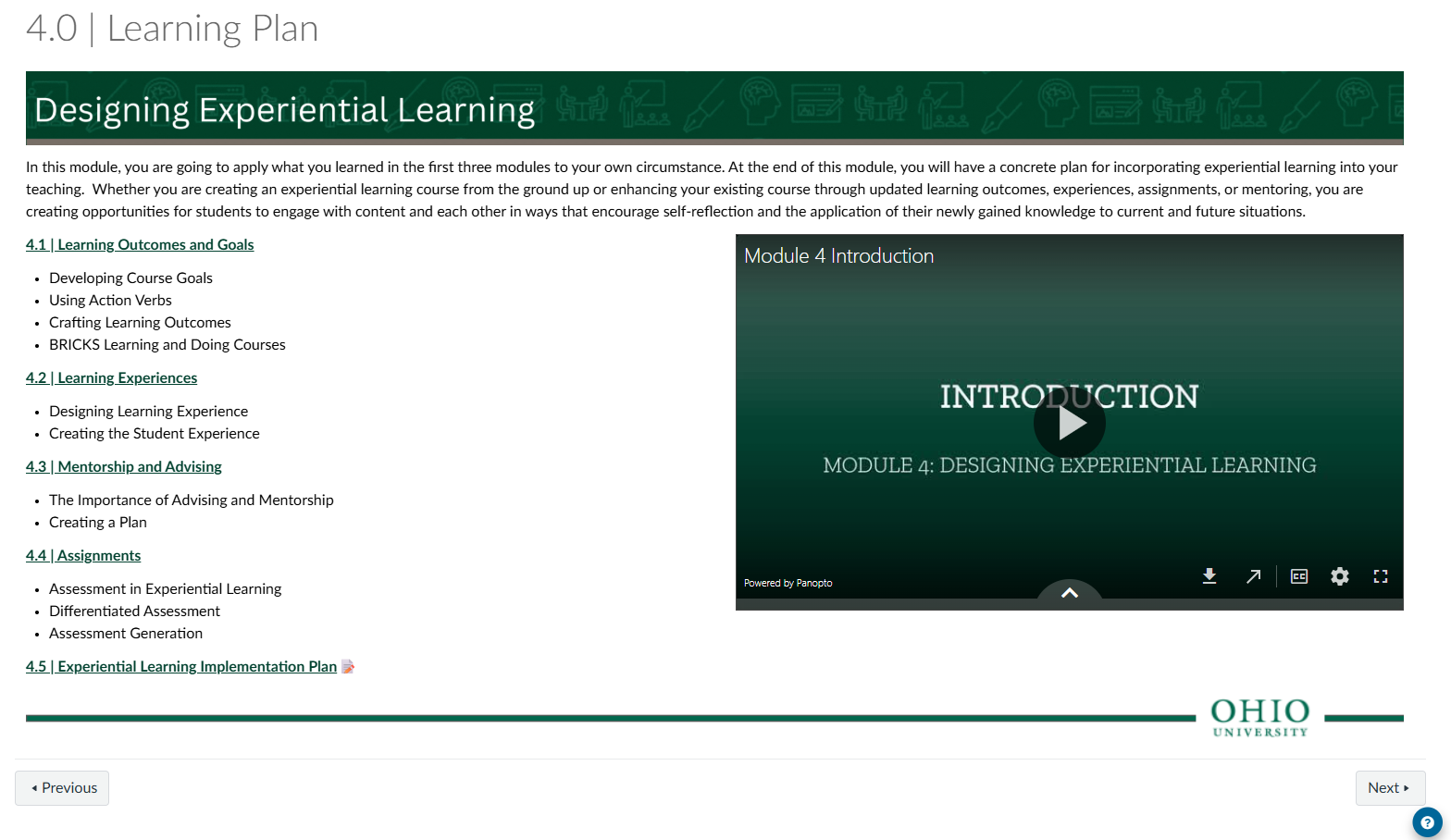 Screenshot of Experiential Learning Certificate course inside of Canvas.
