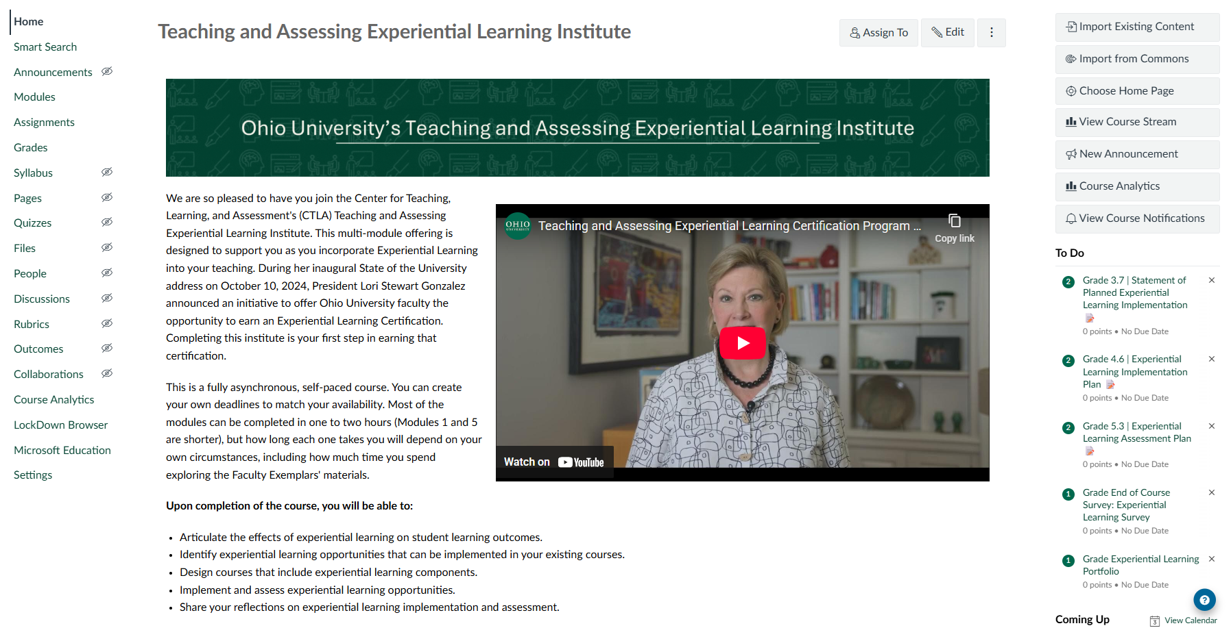 Screenshot of Experiential Learning Certificate course inside of Canvas.