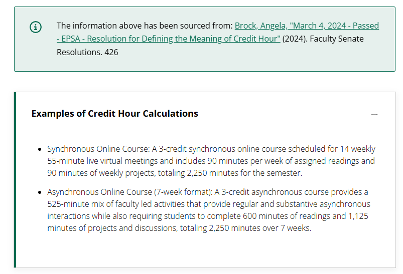 This shows examples of credit hour calculations and definitions