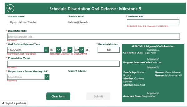 Screenshot of a menu students are prompted to fill out to schedule a dissertation proposal defense