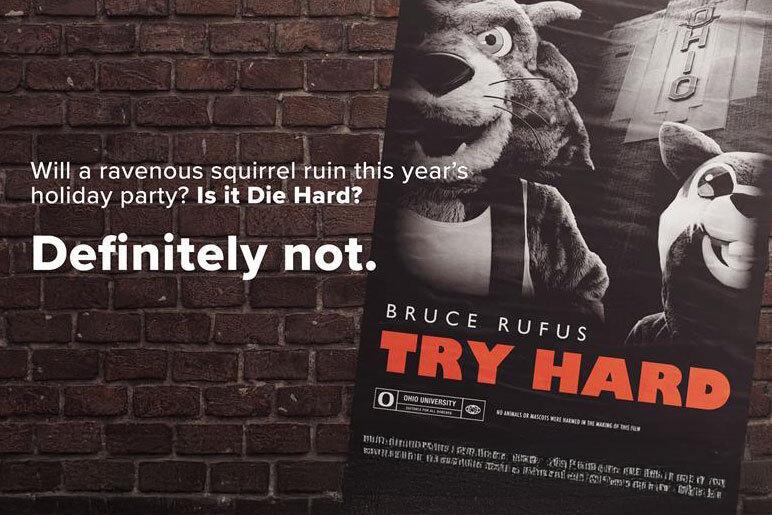 Parody movie poster for Try Hard, featuring Bruce Rufus. With the text - will a ravenous squirrel ruin this year's holiday party? Is it Die Hard? Definitely not.