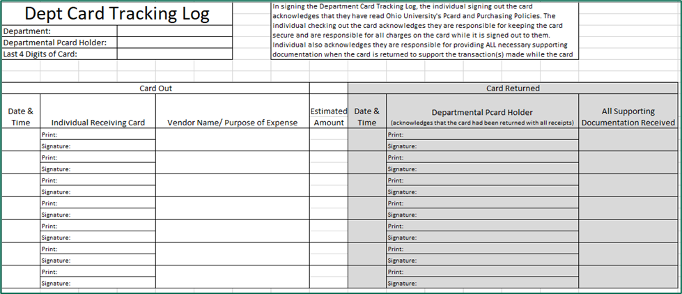 Screenshot Dept Card Tracking Log (Details on webpage)