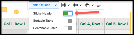 screenshot of selecting Sticky Header option