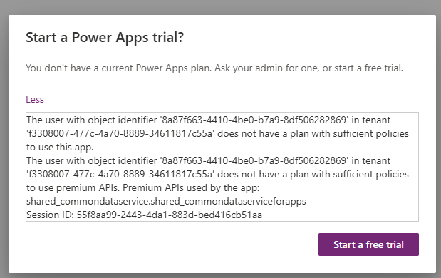 Screenshot telling someone they need access to Power Apps