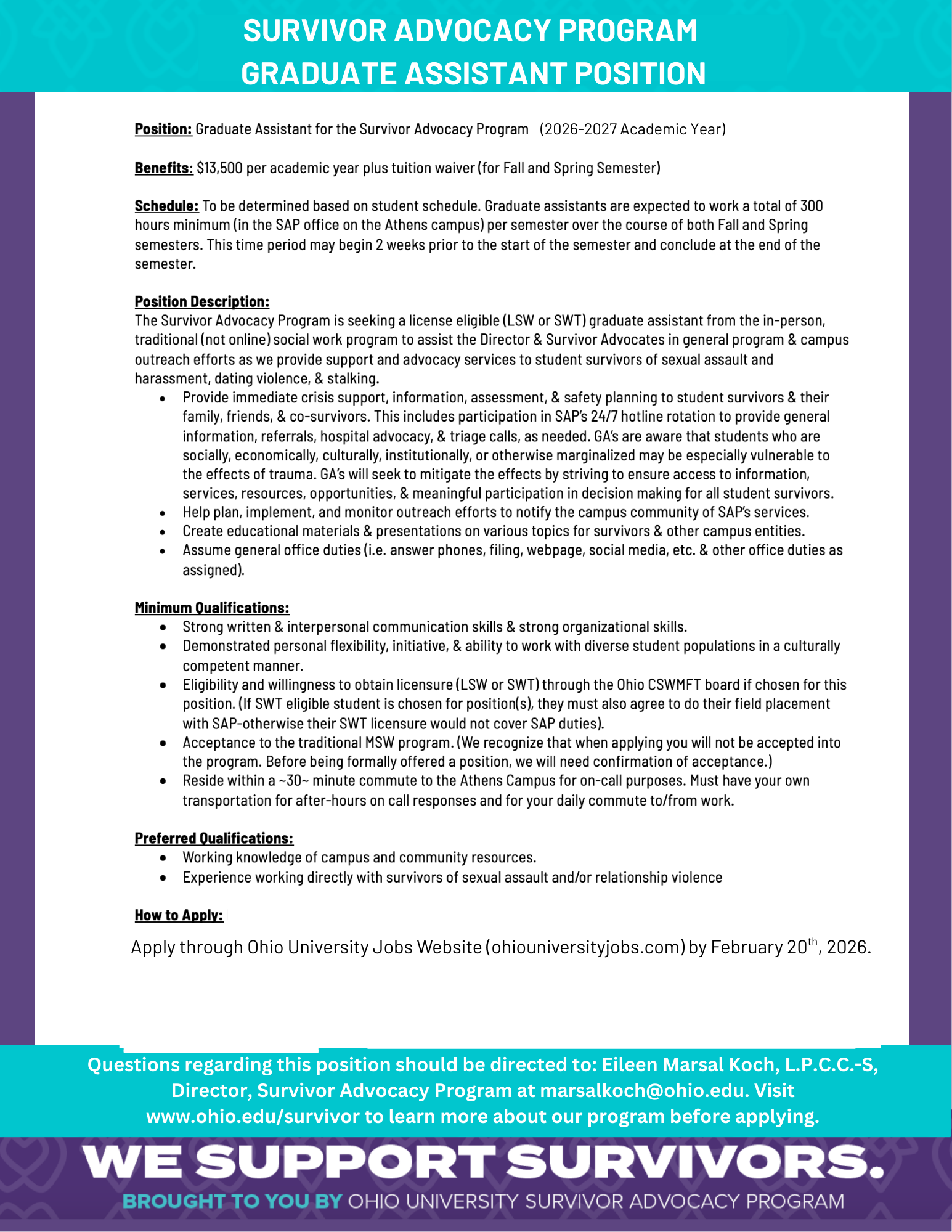 Please apply at ohiouniversityjobs.com by Ferbruary 20th, 2026. 