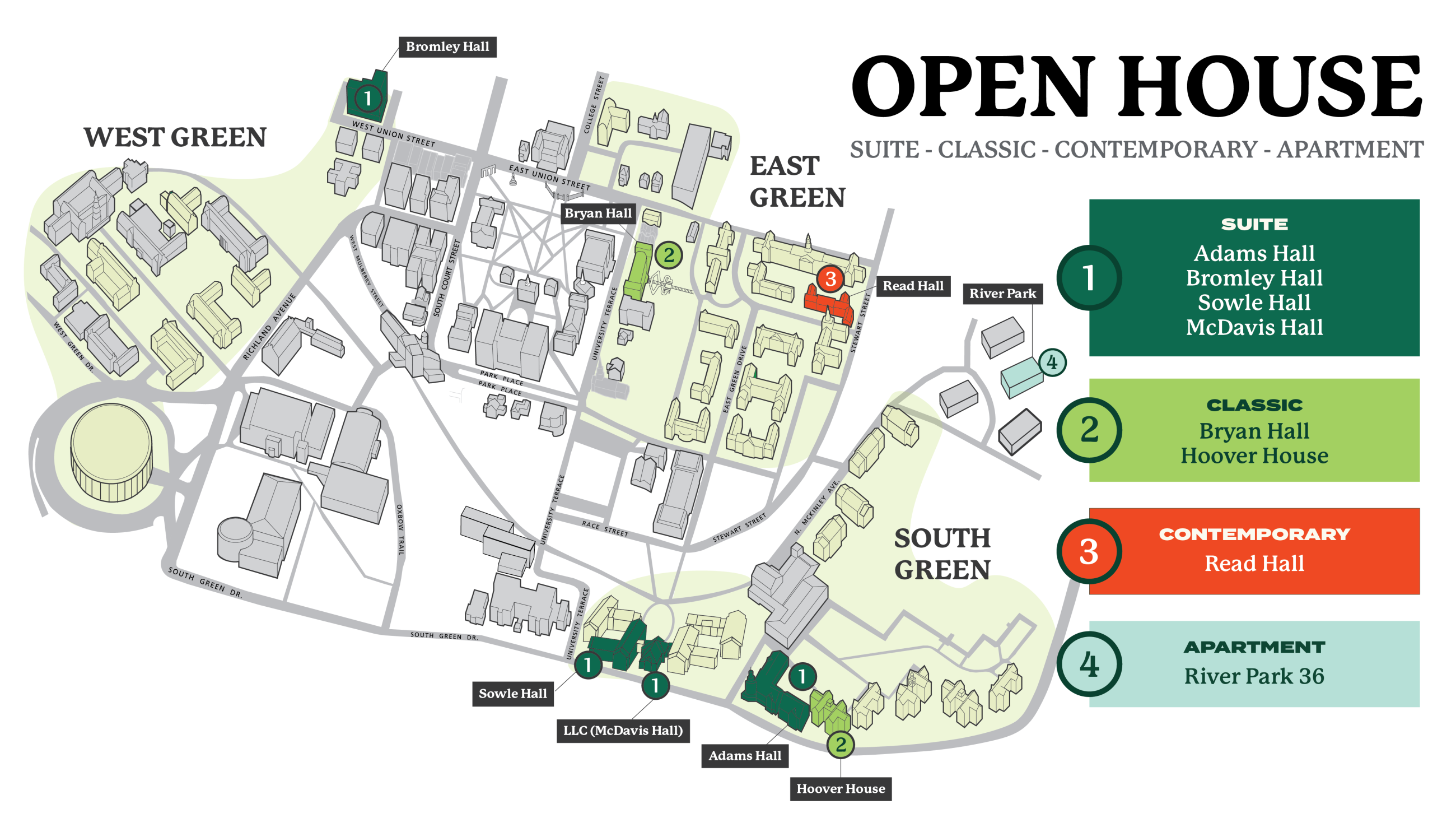map of campus with certain halls labeled for the Open House event