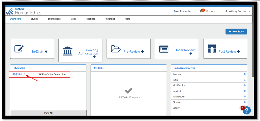Screenshot in Cayuse with an arrow pointing to "Whitney's Test Submission" under "My Studies"