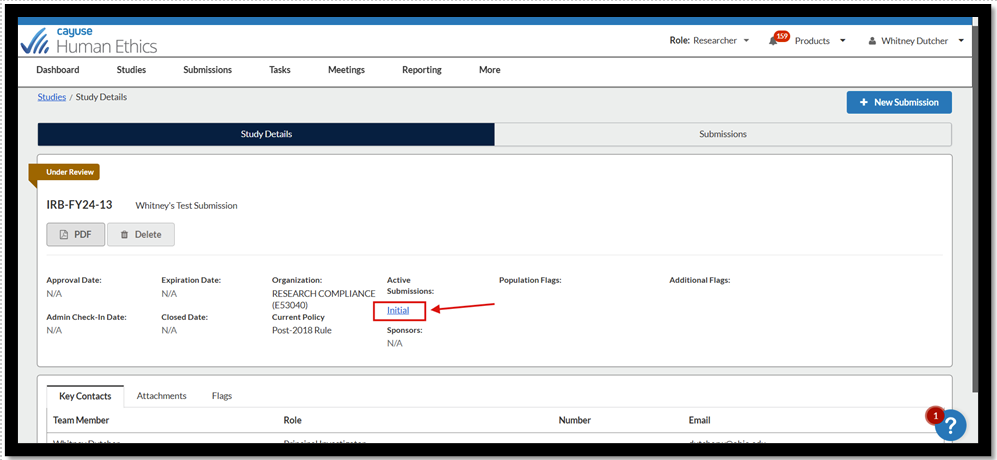 Screenshot in Cayuse with an arrow pointing to "Initial" under "active submissions"