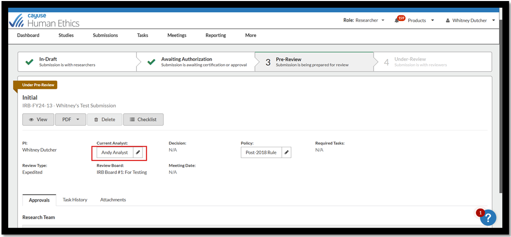 Screenshot in Cayuse with a red box around "Current Analyst: Andy Analyst"