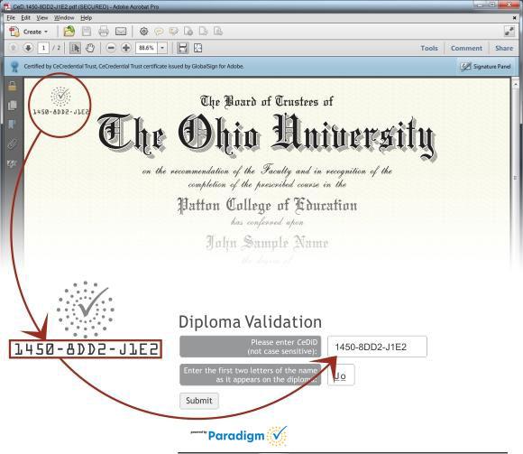 Example CeDiploma showing location of CeDiD in upper corner.