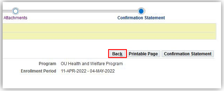 screenshot of confirmation statement back button