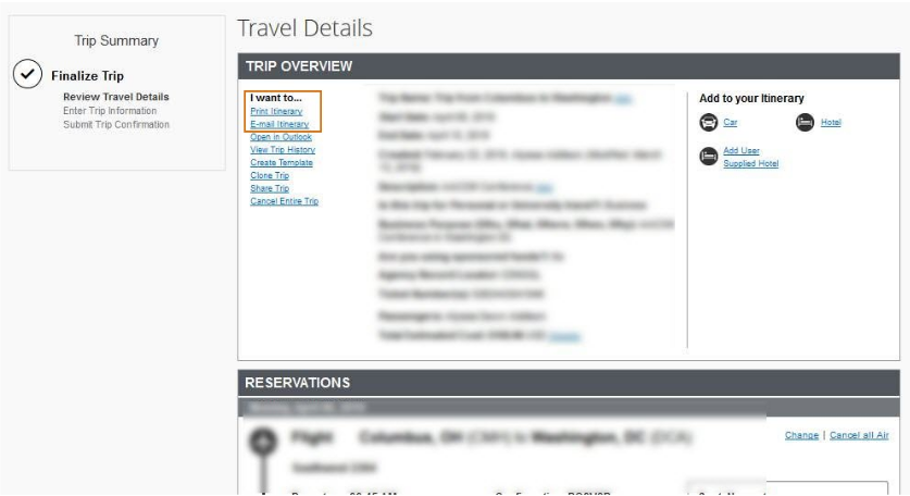 Screenshot example of email or print options for trip details