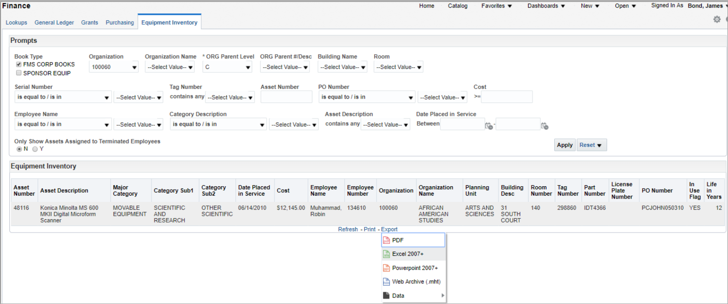Screenshot of equipment inventory in use options