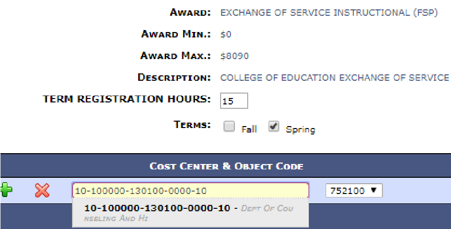 Screenshot example of exchange of service instructional award