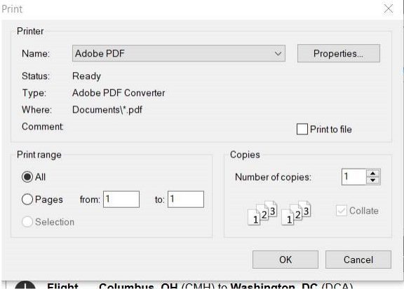 Screenshot of printing itinerary as PDF