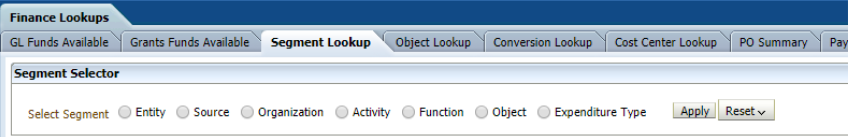 Screenshot of segment look up selector