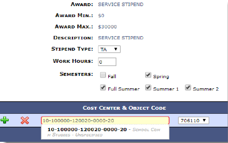 Screenshot example of service stipend for TA
