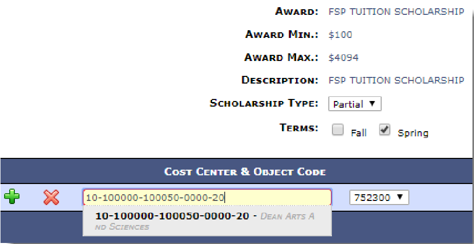 Screenshot example of tuition scholarship in partial
