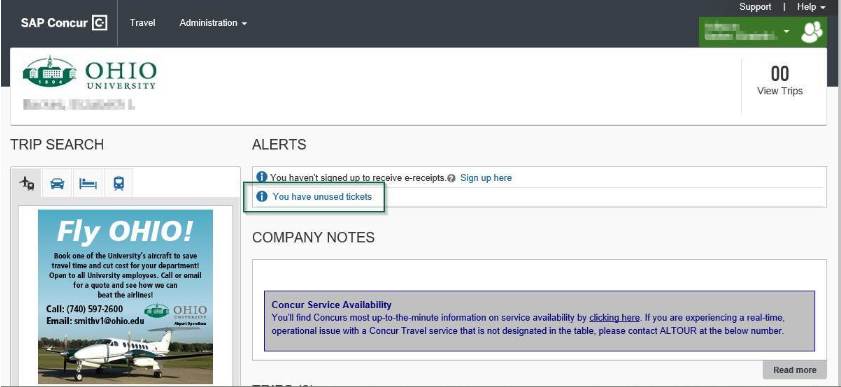 Screenshot example of unused tickets notifications