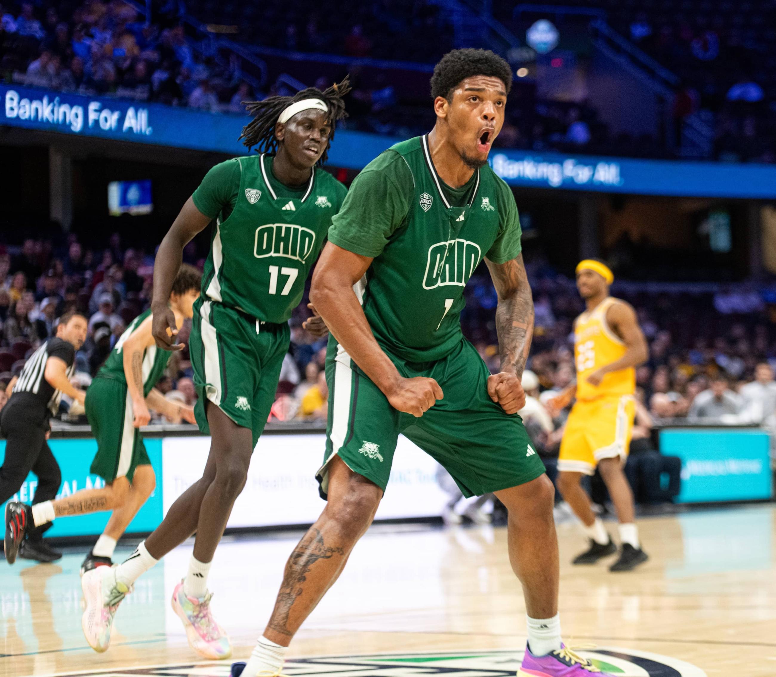 Javan Simmons celebrates after making a shot. Simmons finished the game with 22 points