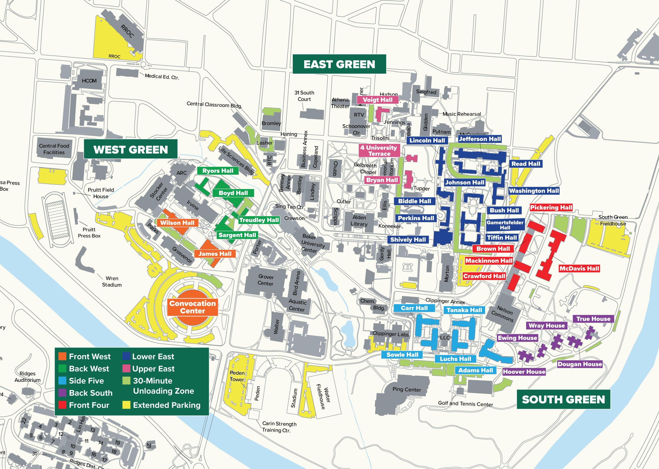 map of campus with parking lots highlighted for move-in