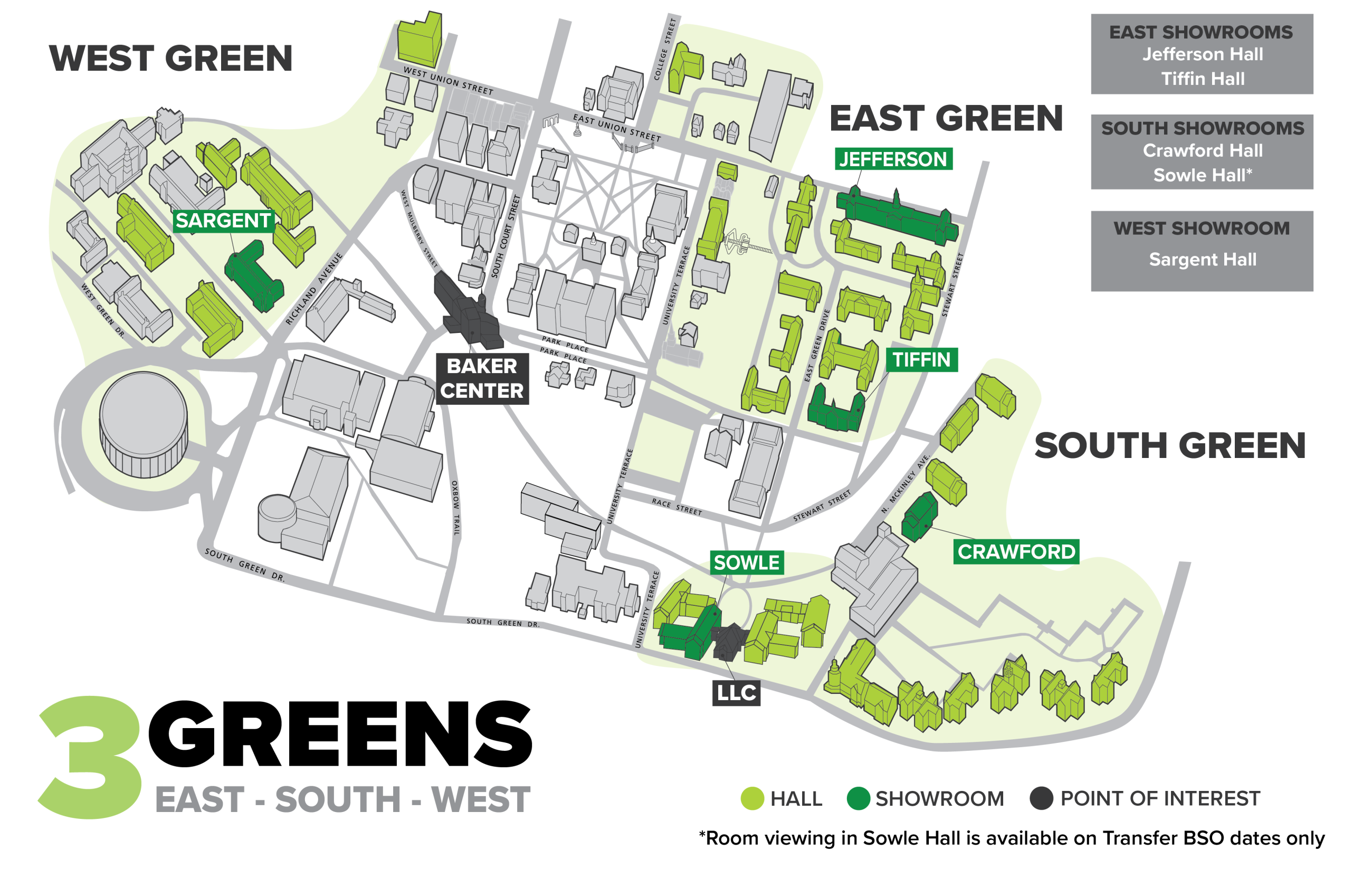 map of campus with certain halls labeled as show rooms for BSO