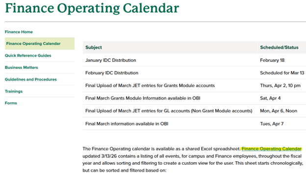 Finance Operating Calendar Location