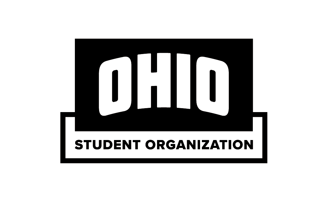 Black and white version of the Ohio University Student Organization logo with a white background