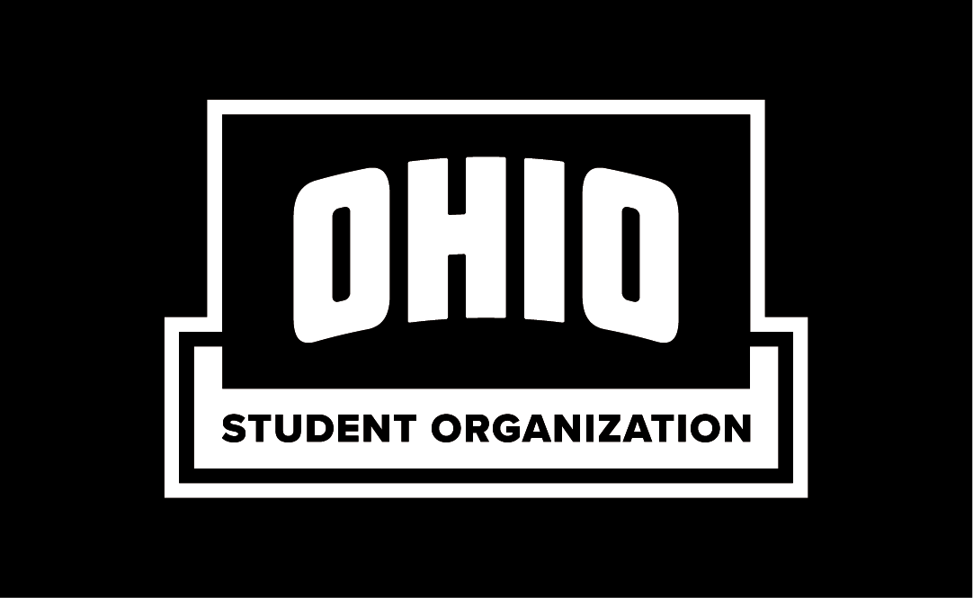 Black and white version of the Ohio University Student Organization logo with a white outline and a black background