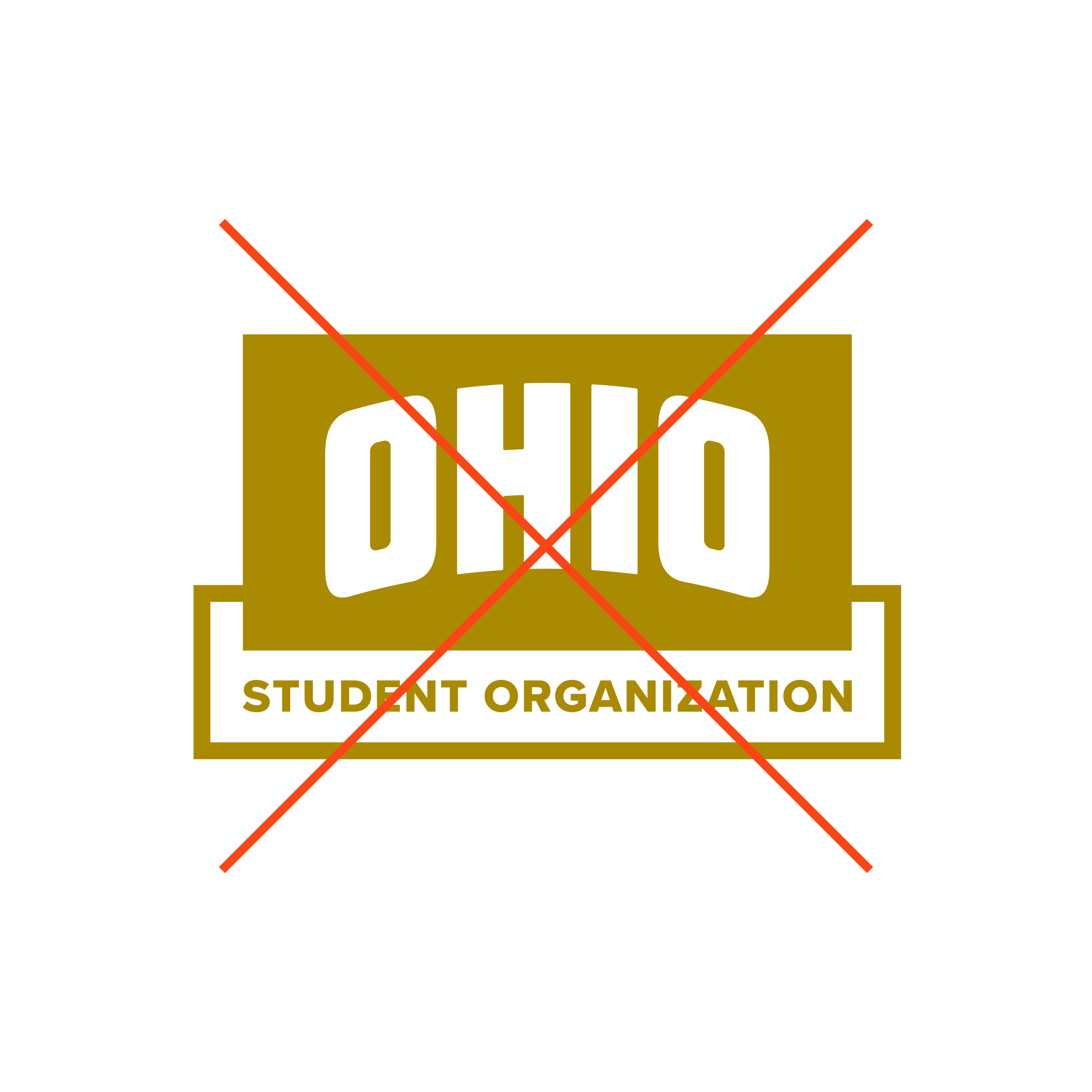 A gold version of the Student Organization logo with a red x crossing it out