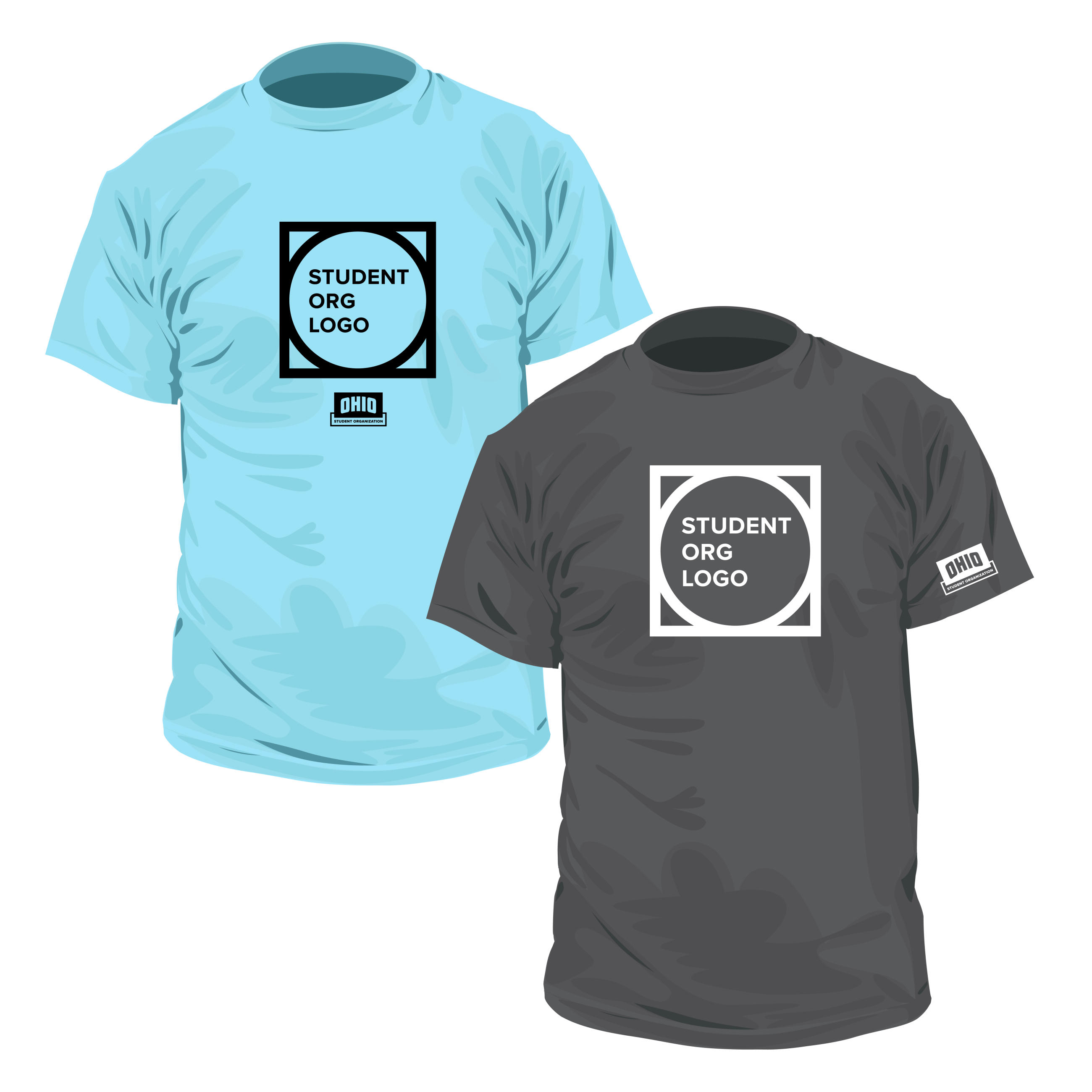 An example using a light blue shirt with black printing and a gray shirt with white printing